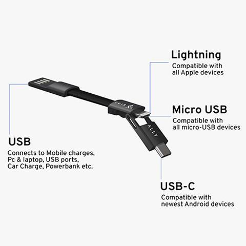 3-in-1 Emergency Charging Cable fits on Key-Chain Magnetically - Cuir Ally Smart Goods